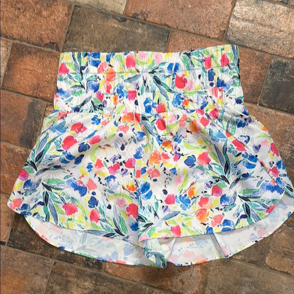 TCEC Floral Smocked-Waist Shorts in White with Blue, Pink and Green